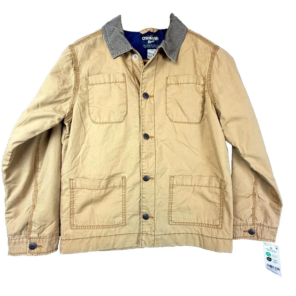 OshKosh‎ B'gosh Barn Jacket Boys 12A Camel Corduroy Collar Chore Coat Snap Front